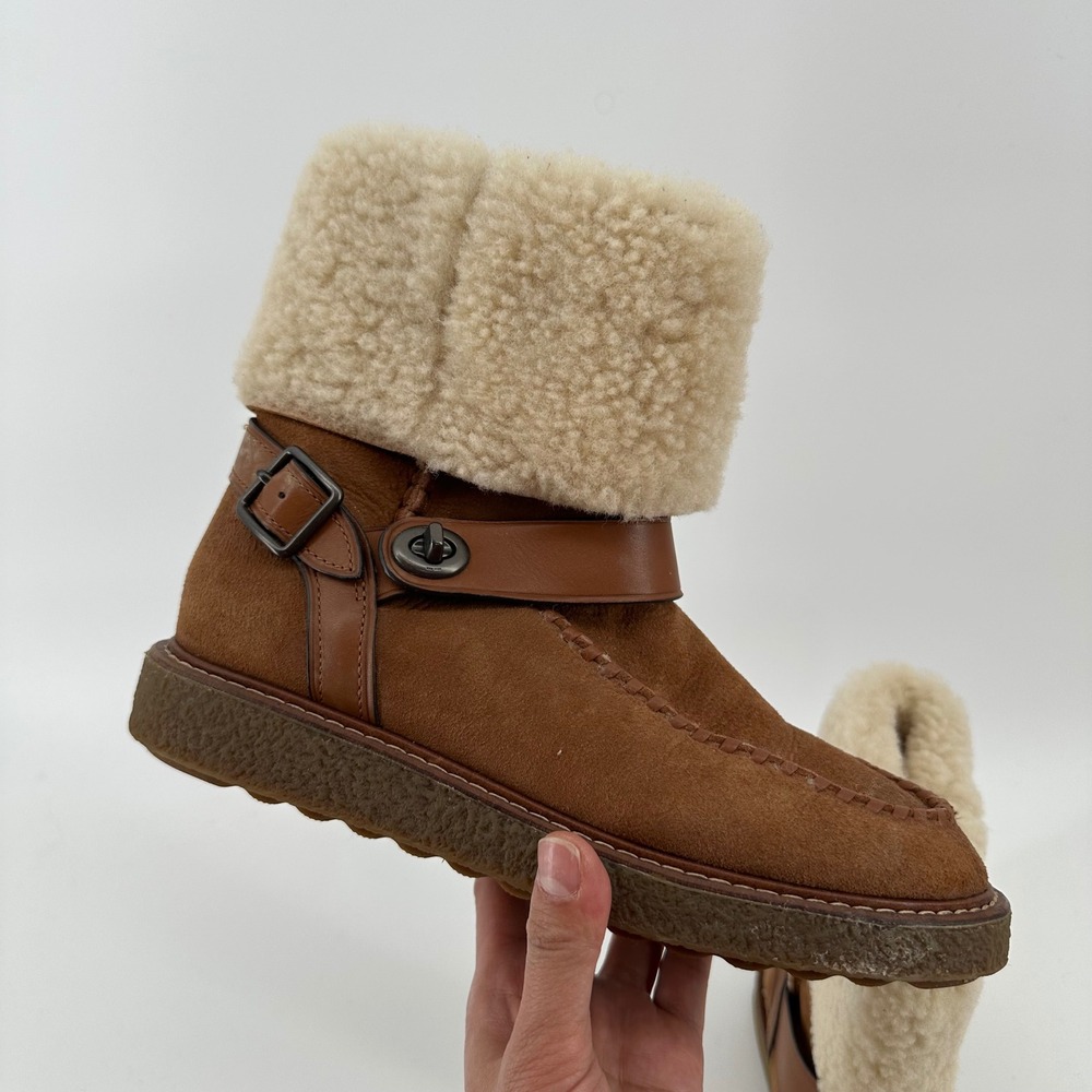 Coach G1433 Womens Tan Suede Moto Shearling Fur Lined Moccasin Boots Size 7B - Picture 11 of 12